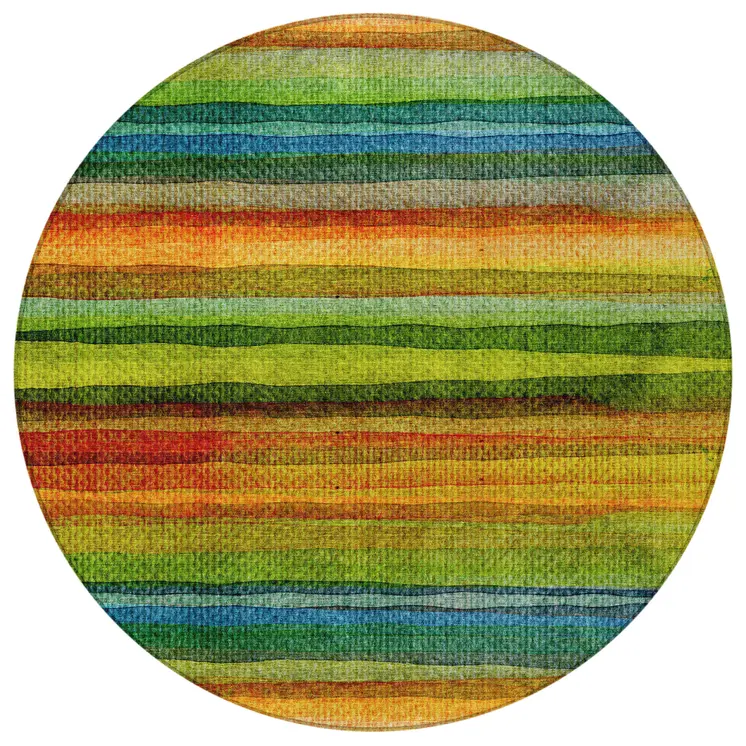 8' Green Teal Blue And Copper Round Striped Washable Indoor Outdoor Area Rug