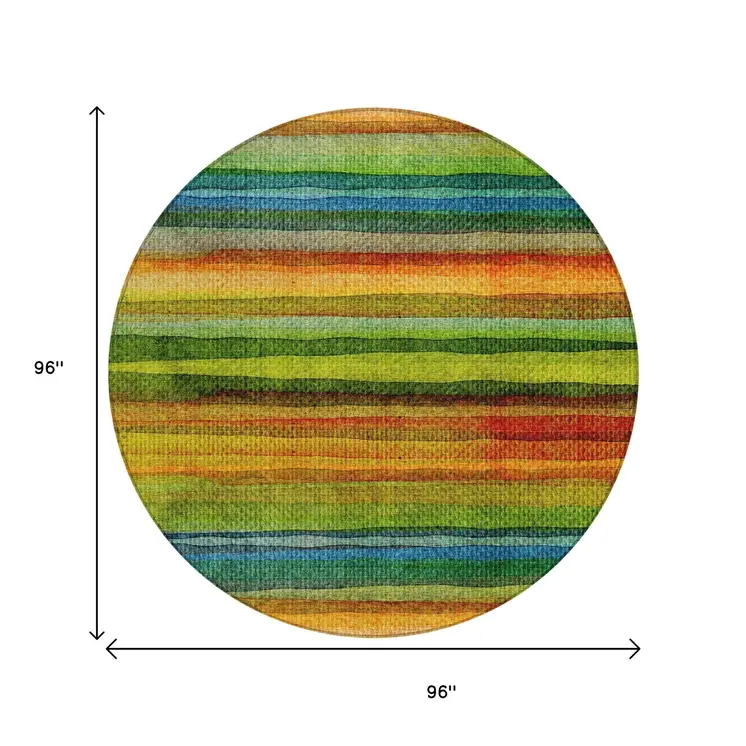 8' Green Teal Blue And Copper Round Striped Washable Indoor Outdoor Area Rug