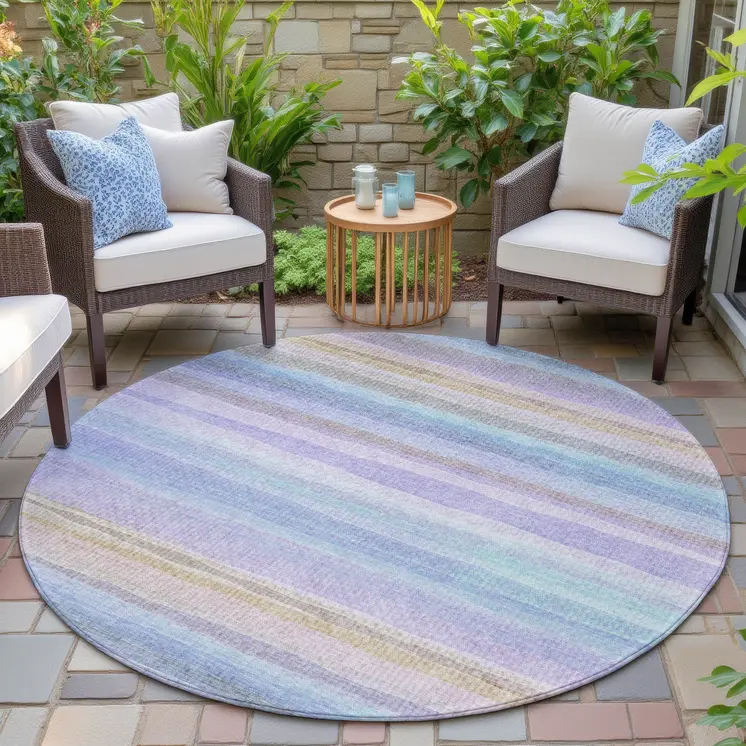 8' Lavender Sky Blue And Beige Round Striped Washable Indoor Outdoor Area Rug