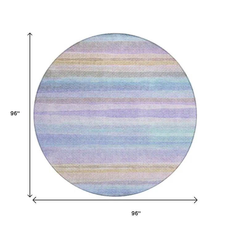 8' Lavender Sky Blue And Beige Round Striped Washable Indoor Outdoor Area Rug
