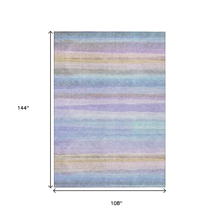 9' X 12' Lavender Sky Blue And Beige Striped Washable Indoor Outdoor Area Rug