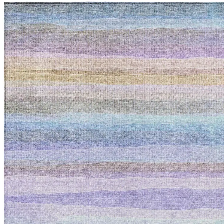 9' X 12' Lavender Sky Blue And Beige Striped Washable Indoor Outdoor Area Rug