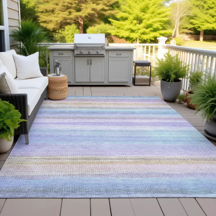 9' X 12' Lavender Sky Blue And Beige Striped Washable Indoor Outdoor Area Rug