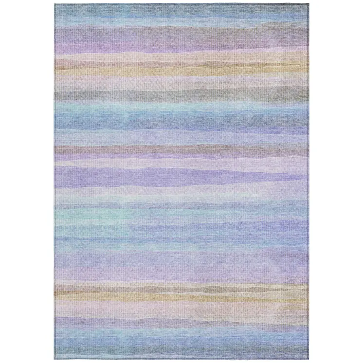 9' X 12' Lavender Sky Blue And Beige Striped Washable Indoor Outdoor Area Rug