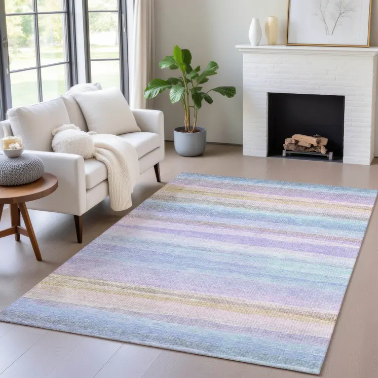 9' X 12' Lavender Sky Blue And Beige Striped Washable Indoor Outdoor Area Rug