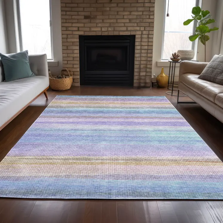9' X 12' Lavender Sky Blue And Beige Striped Washable Indoor Outdoor Area Rug
