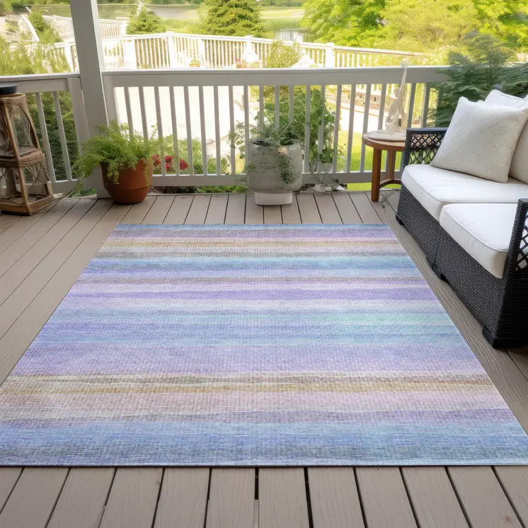 9' X 12' Lavender Sky Blue And Beige Striped Washable Indoor Outdoor Area Rug