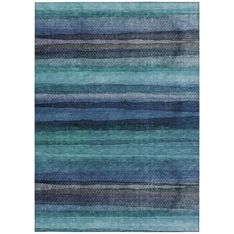 3' X 5' Teal Blue Aqua And Navy Blue Striped Washable Indoor Outdoor Area Rug