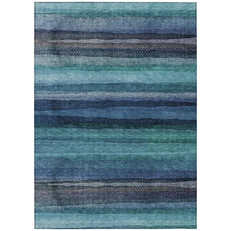 3' X 5' Teal Blue Aqua And Navy Blue Striped Washable Indoor Outdoor Area Rug