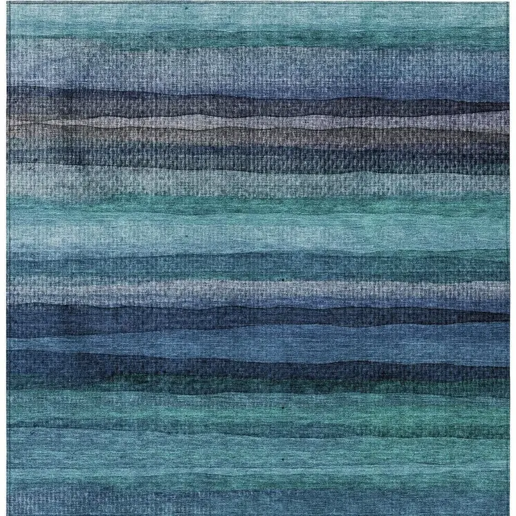 3' X 5' Teal Blue Aqua And Navy Blue Striped Washable Indoor Outdoor Area Rug