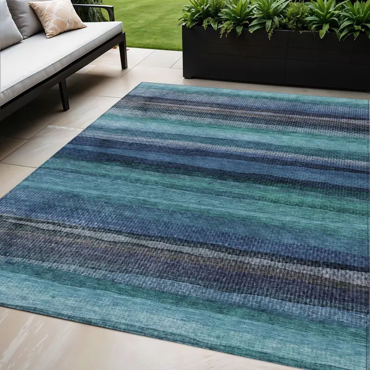 5' X 8' Teal Blue Aqua And Navy Blue Striped Washable Indoor Outdoor Area Rug