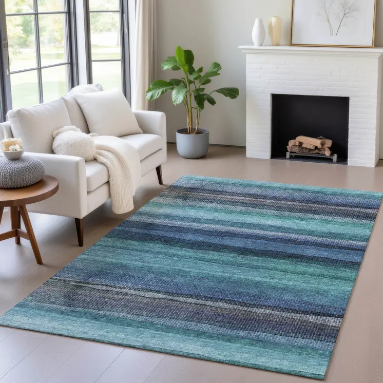 5' X 8' Teal Blue Aqua And Navy Blue Striped Washable Indoor Outdoor Area Rug