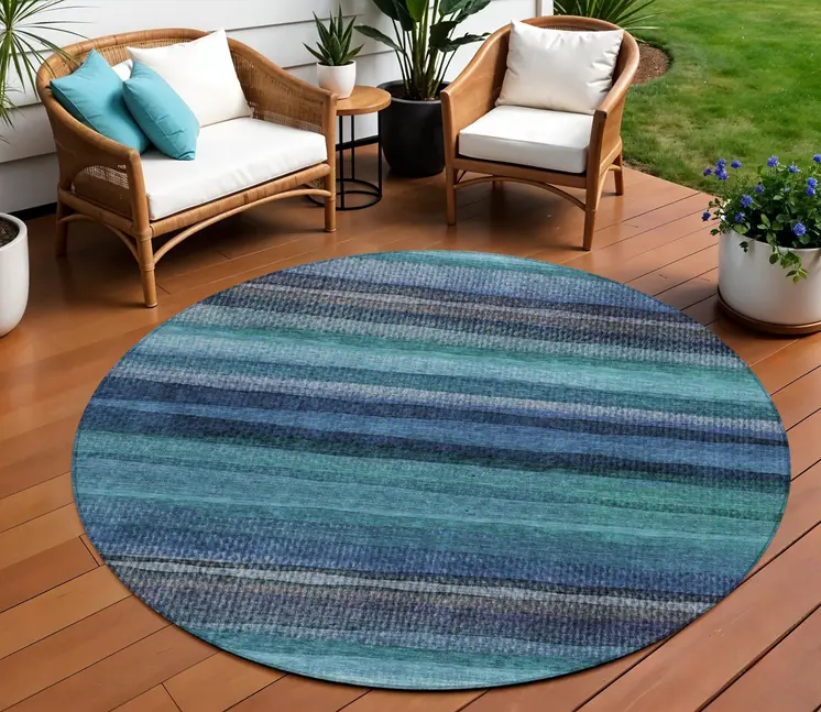 8' Teal Blue Aqua And Navy Blue Round Striped Washable Indoor Outdoor Area Rug