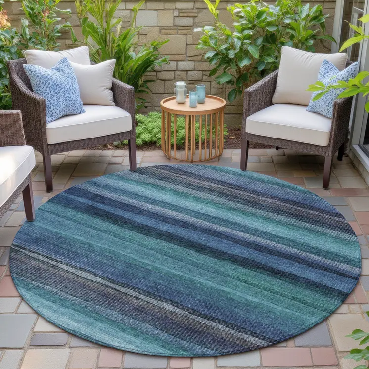 8' Teal Blue Aqua And Navy Blue Round Striped Washable Indoor Outdoor Area Rug