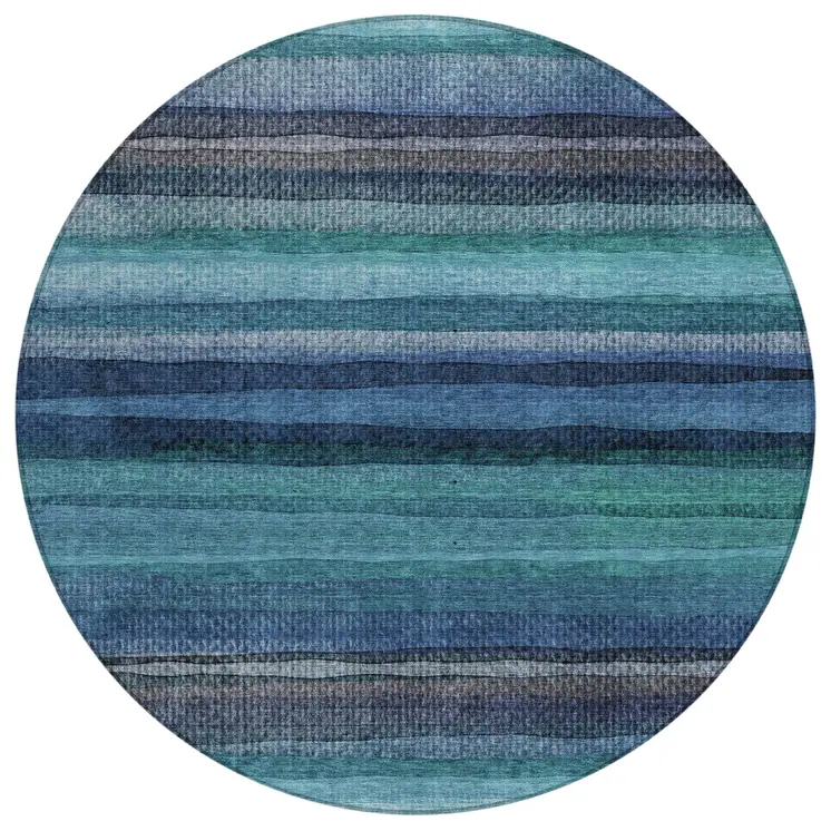 8' Teal Blue Aqua And Navy Blue Round Striped Washable Indoor Outdoor Area Rug