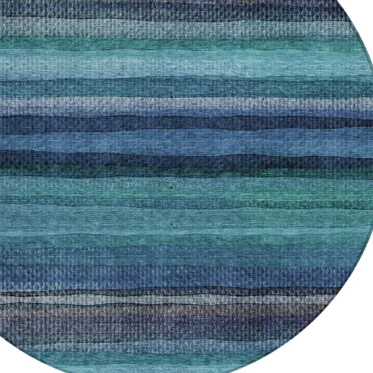 8' Teal Blue Aqua And Navy Blue Round Striped Washable Indoor Outdoor Area Rug