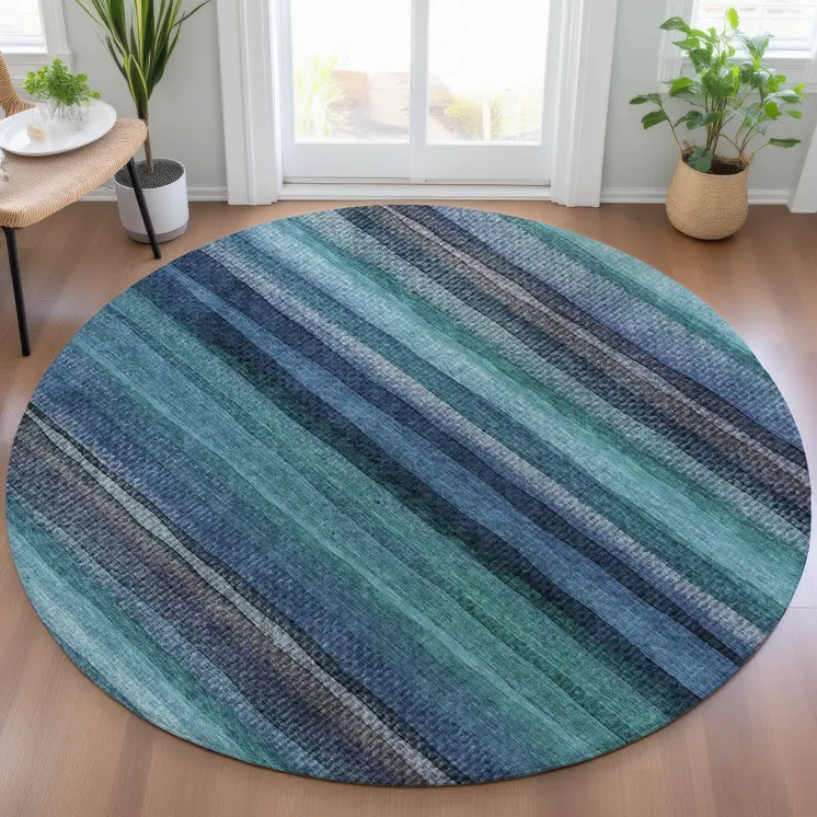 8' Teal Blue Aqua And Navy Blue Round Striped Washable Indoor Outdoor Area Rug