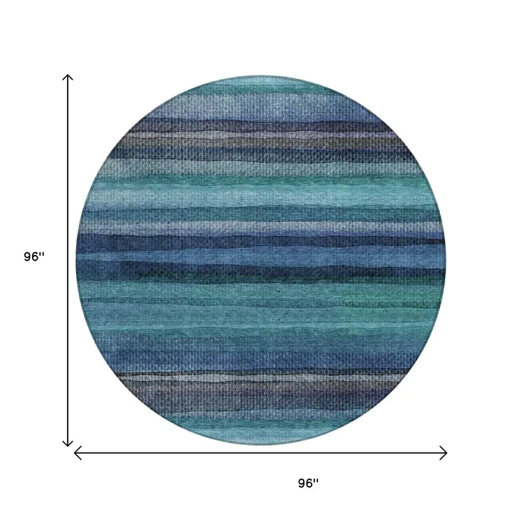 8' Teal Blue Aqua And Navy Blue Round Striped Washable Indoor Outdoor Area Rug