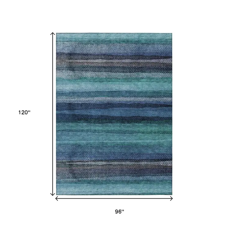 8' X 10' Teal Blue Aqua And Navy Blue Striped Washable Indoor Outdoor Area Rug