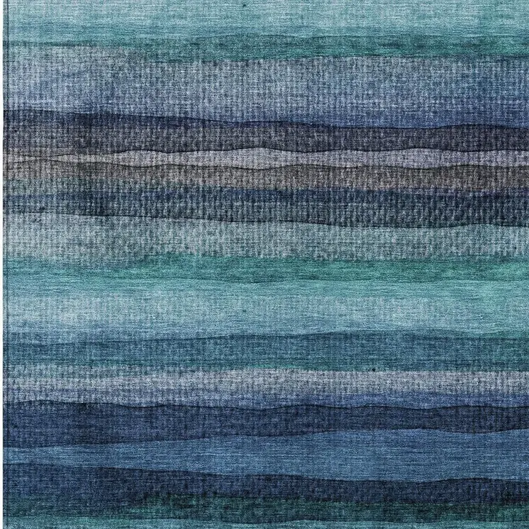 9' X 12' Teal Blue Aqua And Navy Blue Striped Washable Indoor Outdoor Area Rug