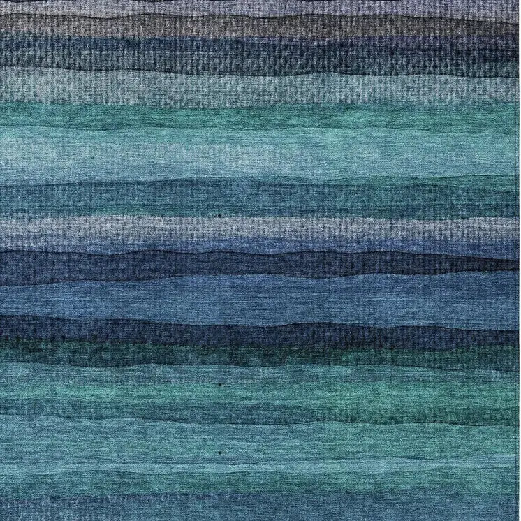 10' X 14' Teal Blue Aqua And Navy Blue Striped Washable Indoor Outdoor Area Rug