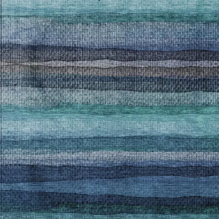 10' X 14' Teal Blue Aqua And Navy Blue Striped Washable Indoor Outdoor Area Rug
