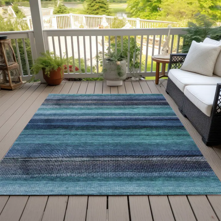 10' X 14' Teal Blue Aqua And Navy Blue Striped Washable Indoor Outdoor Area Rug