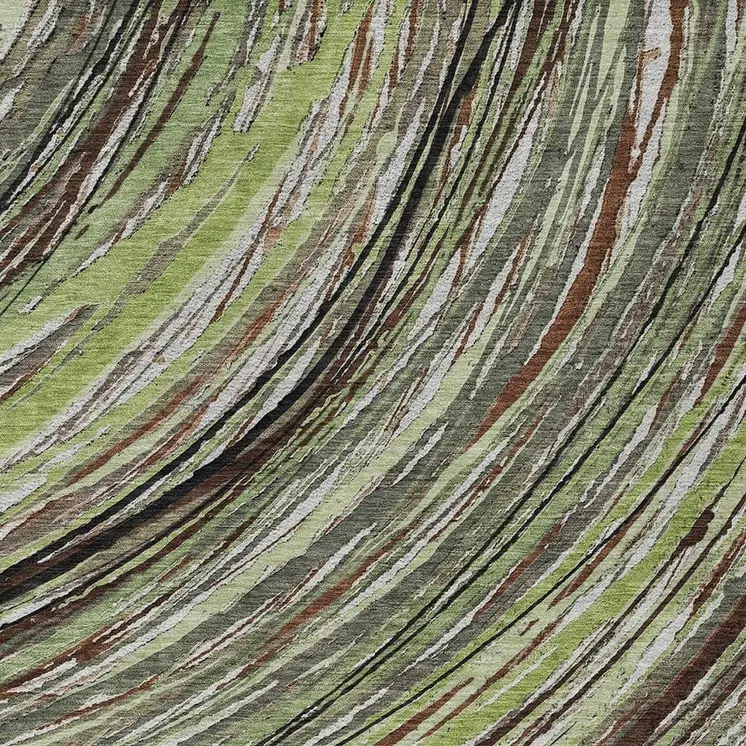 3' X 5' Artichoke Green Brown And Ivory Abstract Washable Indoor Outdoor Area Rug