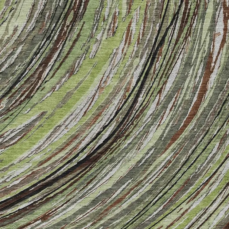 3' X 5' Artichoke Green Brown And Ivory Abstract Washable Indoor Outdoor Area Rug