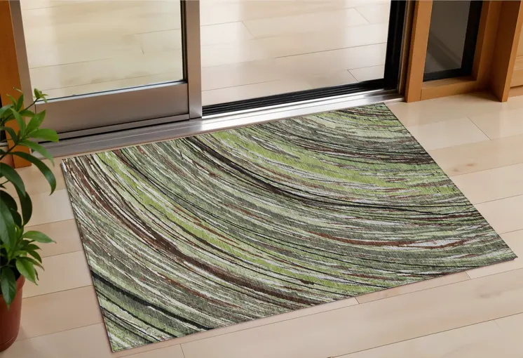 3' X 5' Artichoke Green Brown And Ivory Abstract Washable Indoor Outdoor Area Rug