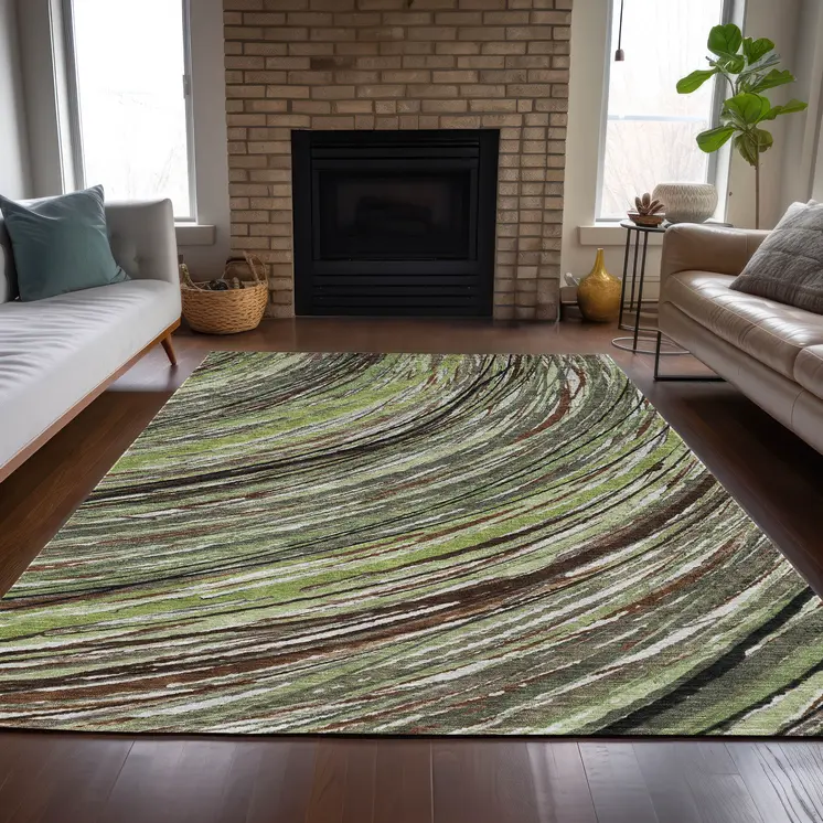 3' X 5' Artichoke Green Brown And Ivory Abstract Washable Indoor Outdoor Area Rug