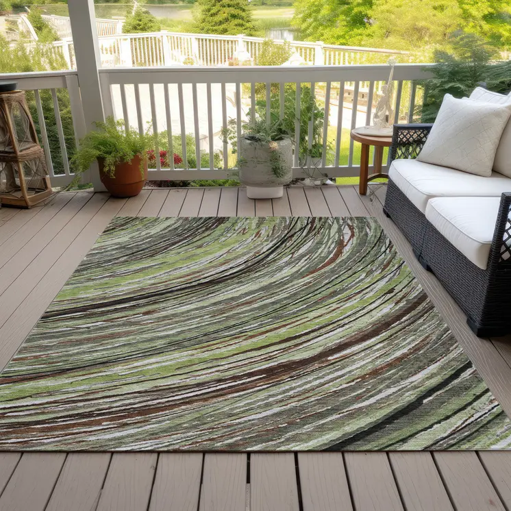 3' X 5' Artichoke Green Brown And Ivory Abstract Washable Indoor Outdoor Area Rug