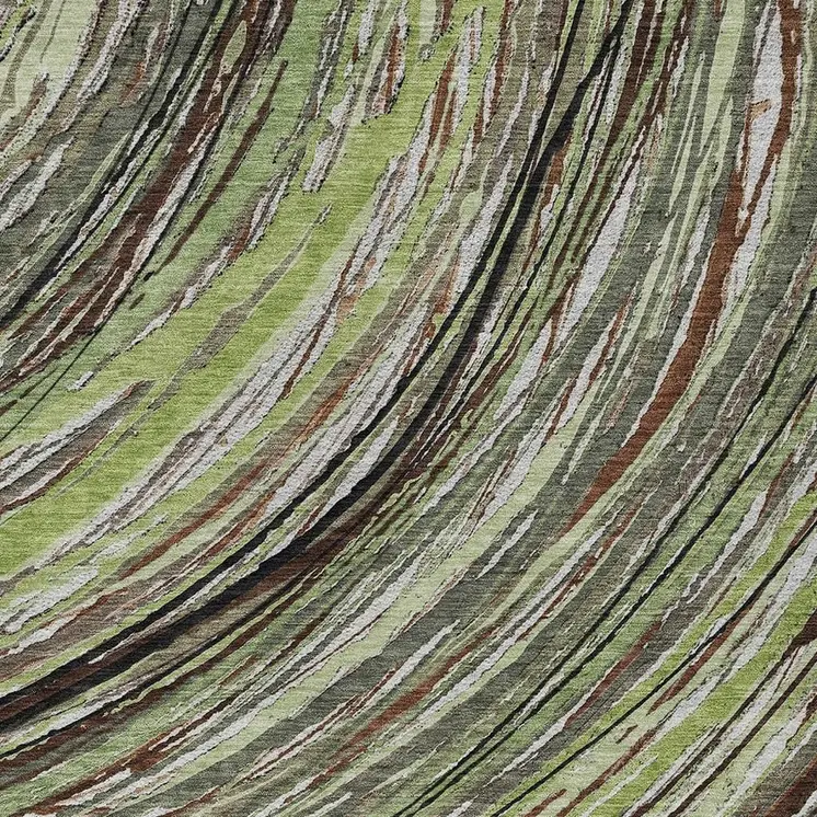 5' X 8' Artichoke Green Brown And Ivory Abstract Washable Indoor Outdoor Area Rug