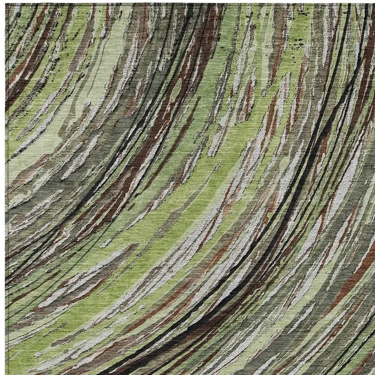 5' X 8' Artichoke Green Brown And Ivory Abstract Washable Indoor Outdoor Area Rug