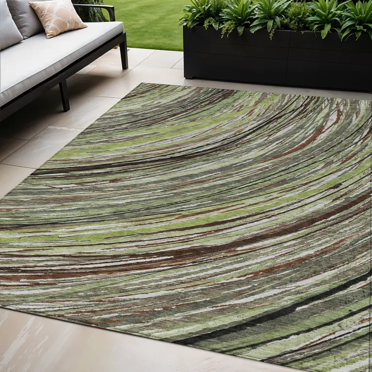 5' X 8' Artichoke Green Brown And Ivory Abstract Washable Indoor Outdoor Area Rug