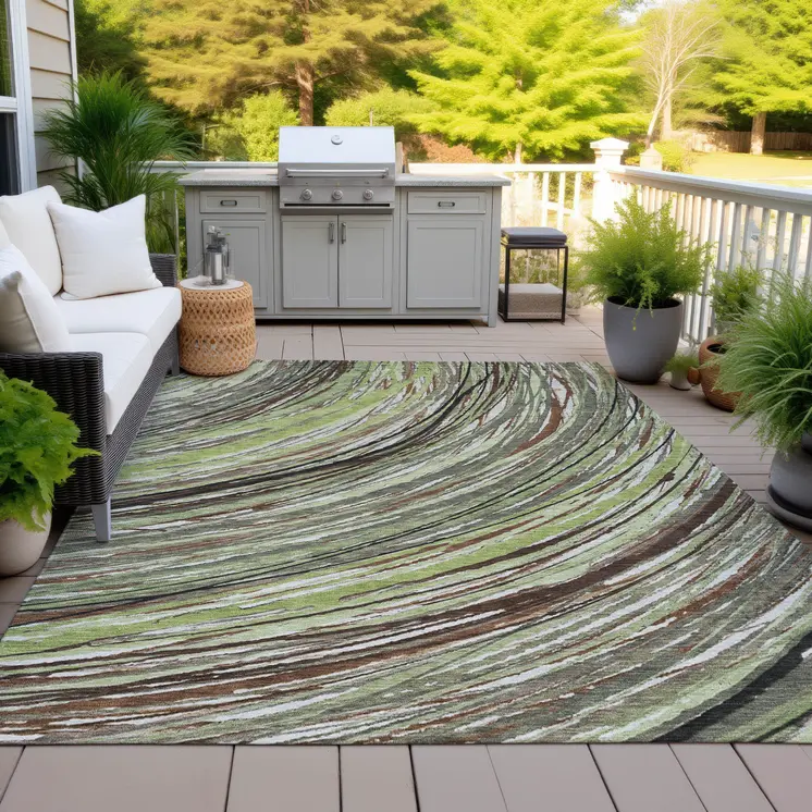 5' X 8' Artichoke Green Brown And Ivory Abstract Washable Indoor Outdoor Area Rug