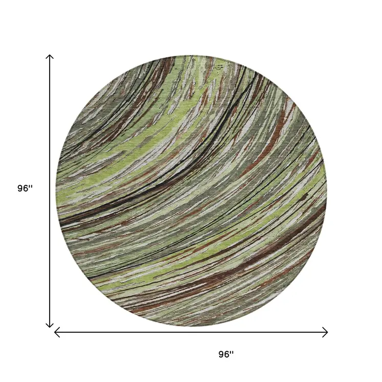 8' Artichoke Green Brown And Ivory Round Abstract Washable Indoor Outdoor Area Rug