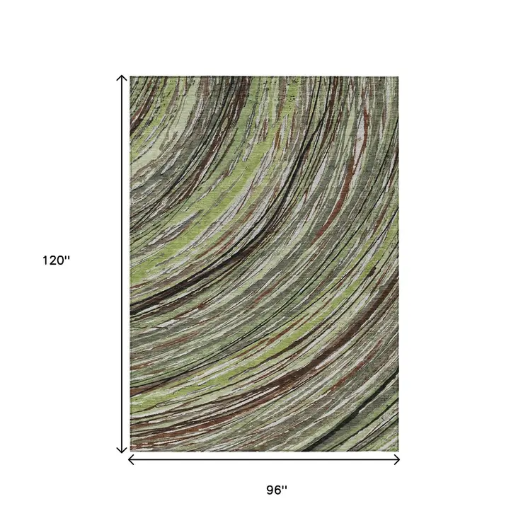 8' X 10' Artichoke Green Brown And Ivory Abstract Washable Indoor Outdoor Area Rug
