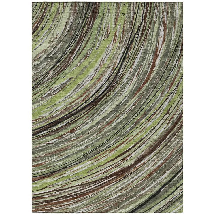 8' X 10' Artichoke Green Brown And Ivory Abstract Washable Indoor Outdoor Area Rug