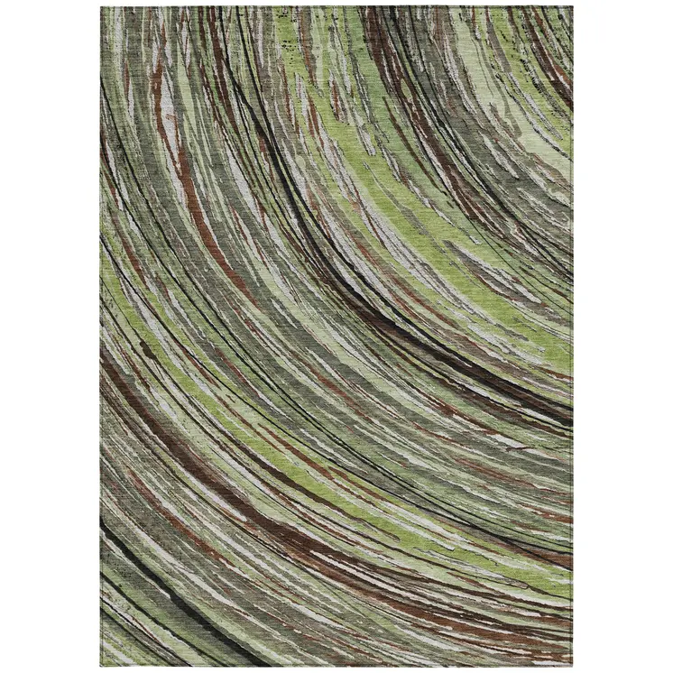 8' X 10' Artichoke Green Brown And Ivory Abstract Washable Indoor Outdoor Area Rug