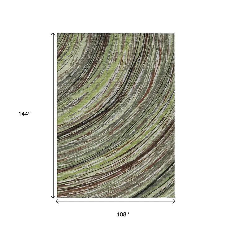 9' X 12' Artichoke Green Brown And Ivory Abstract Washable Indoor Outdoor Area Rug