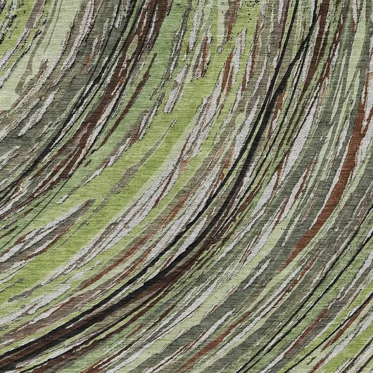 9' X 12' Artichoke Green Brown And Ivory Abstract Washable Indoor Outdoor Area Rug