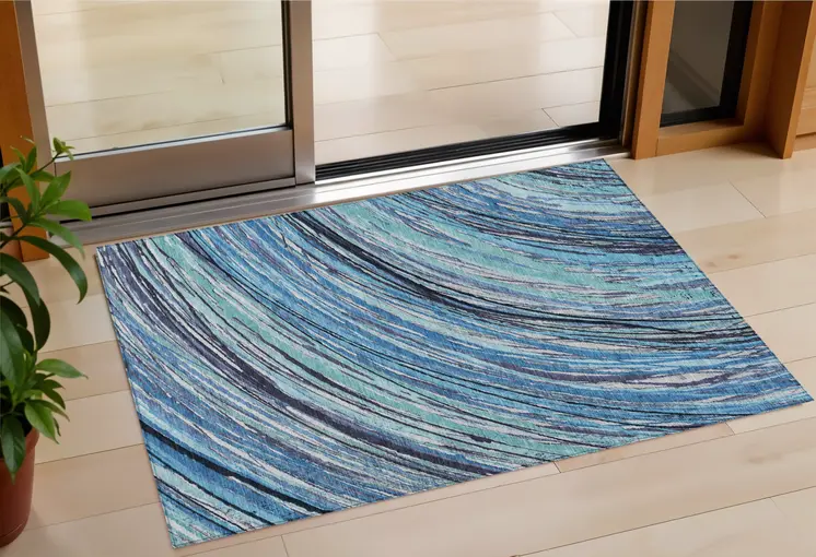 3' X 5' Blue Aqua And Ivory Abstract Washable Indoor Outdoor Area Rug