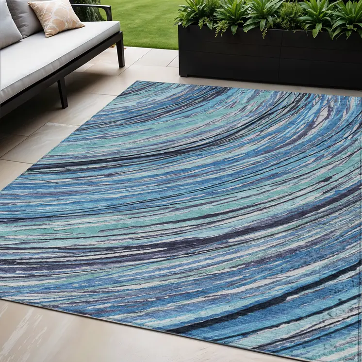5' X 8' Blue Aqua And Ivory Abstract Washable Indoor Outdoor Area Rug