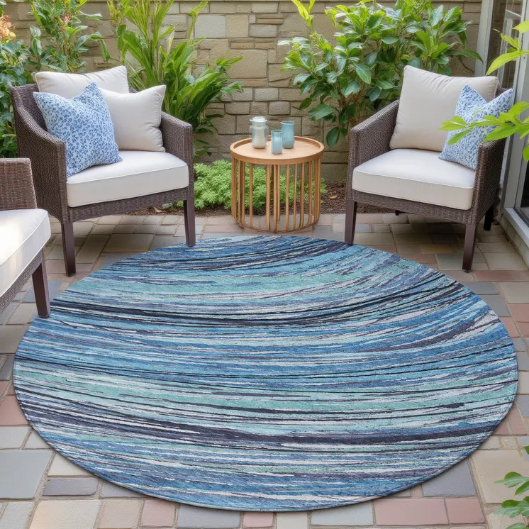 8' Blue Aqua And Ivory Round Abstract Washable Indoor Outdoor Area Rug