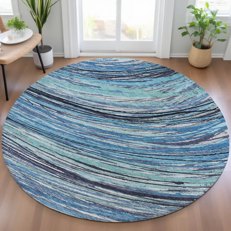 8' Blue Aqua And Ivory Round Abstract Washable Indoor Outdoor Area Rug