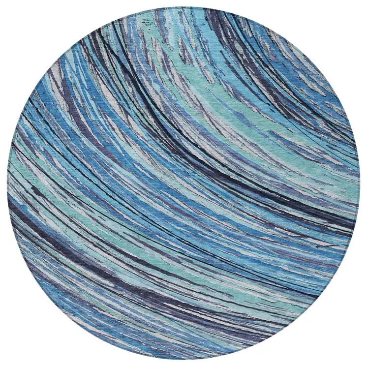 8' Blue Aqua And Ivory Round Abstract Washable Indoor Outdoor Area Rug