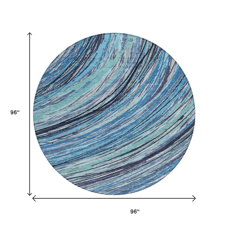 8' Blue Aqua And Ivory Round Abstract Washable Indoor Outdoor Area Rug