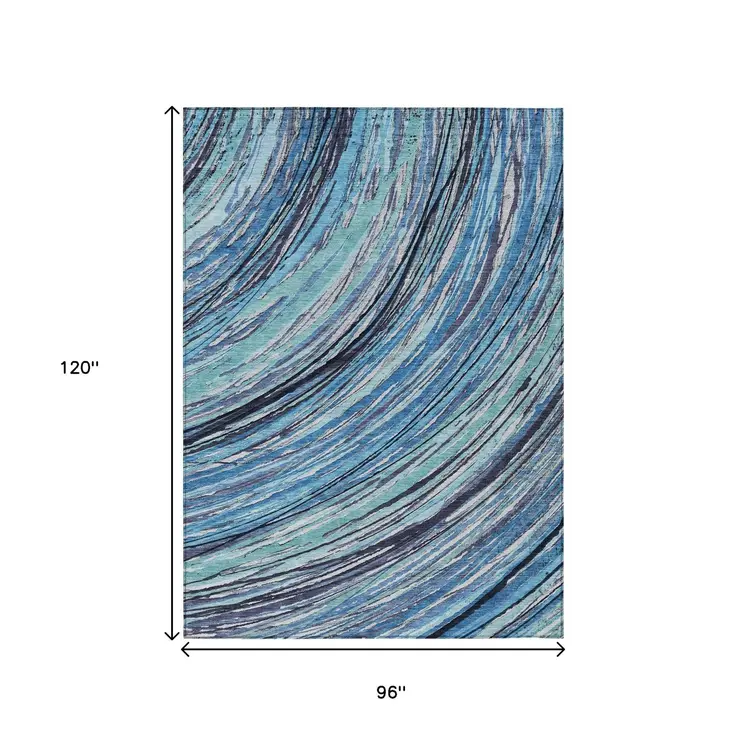 8' X 10' Blue Aqua And Ivory Abstract Washable Indoor Outdoor Area Rug