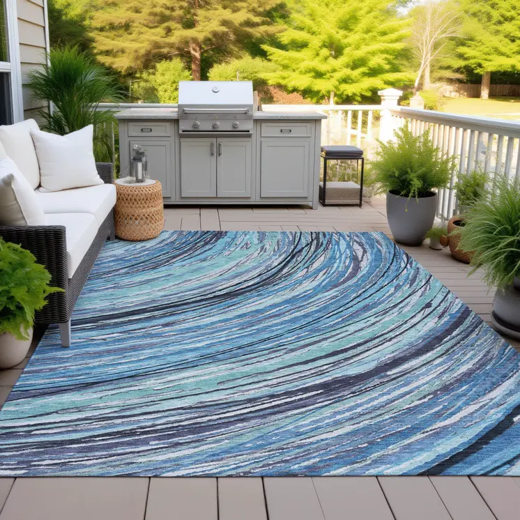 8' X 10' Blue Aqua And Ivory Abstract Washable Indoor Outdoor Area Rug